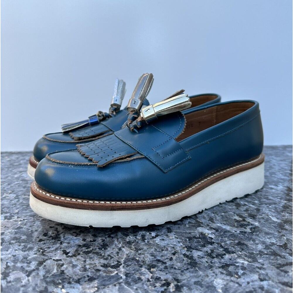 GRENSON Clara Tassel Loafers on Wedge in Teal Blue Leather Size UK 7 US 10